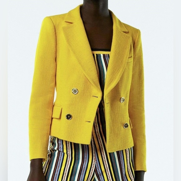 Zara Jackets & Blazers - Zara | Yellow Textured Double Breasted Blazer Size Small